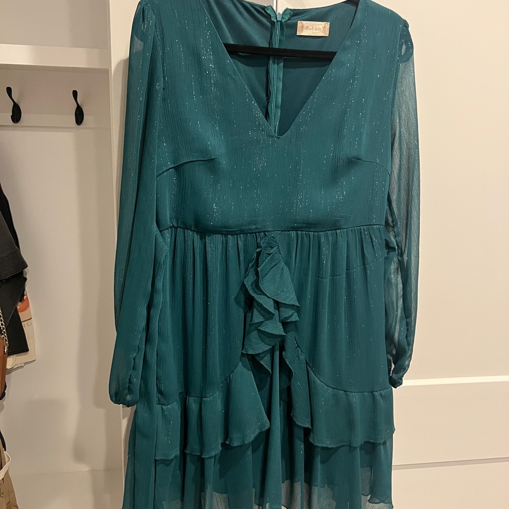 Altar'd State Teal Ruffle Long Sleeve Dress